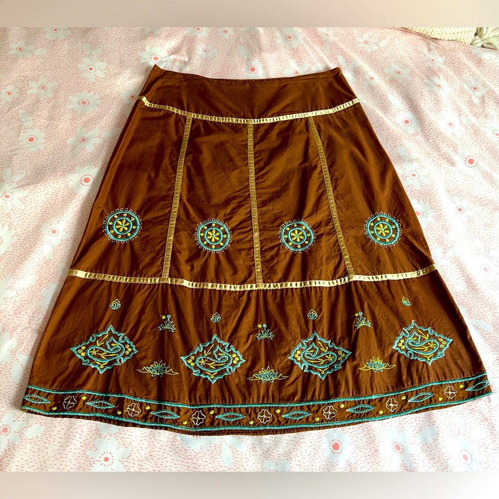 Vintage Y2K Rampage Embroidered Brown Skirt Cotton Made in India Sz 5